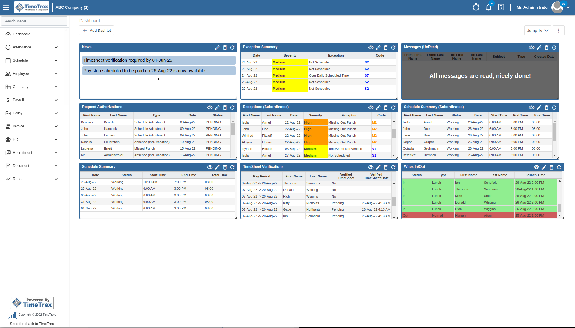 TimeTrex main dashboard