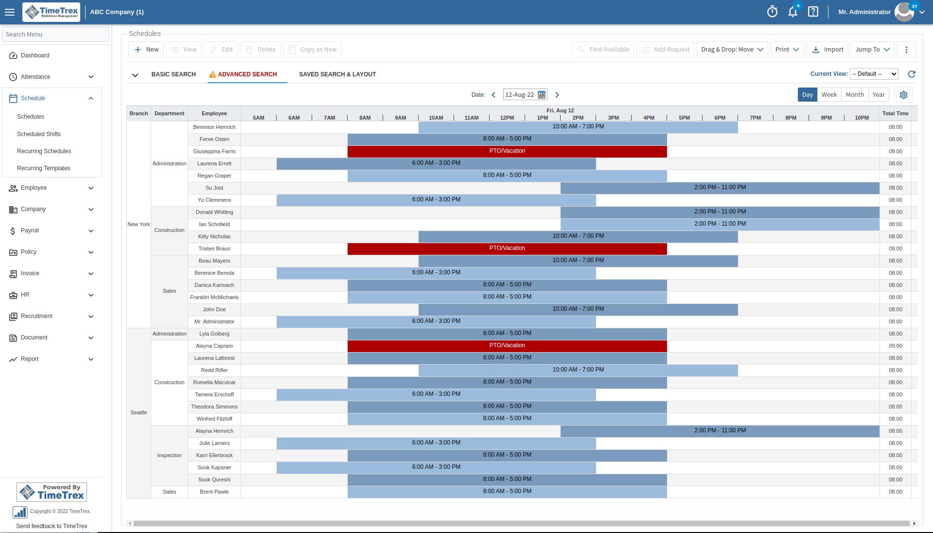 TimeTrex Scheduling Screen