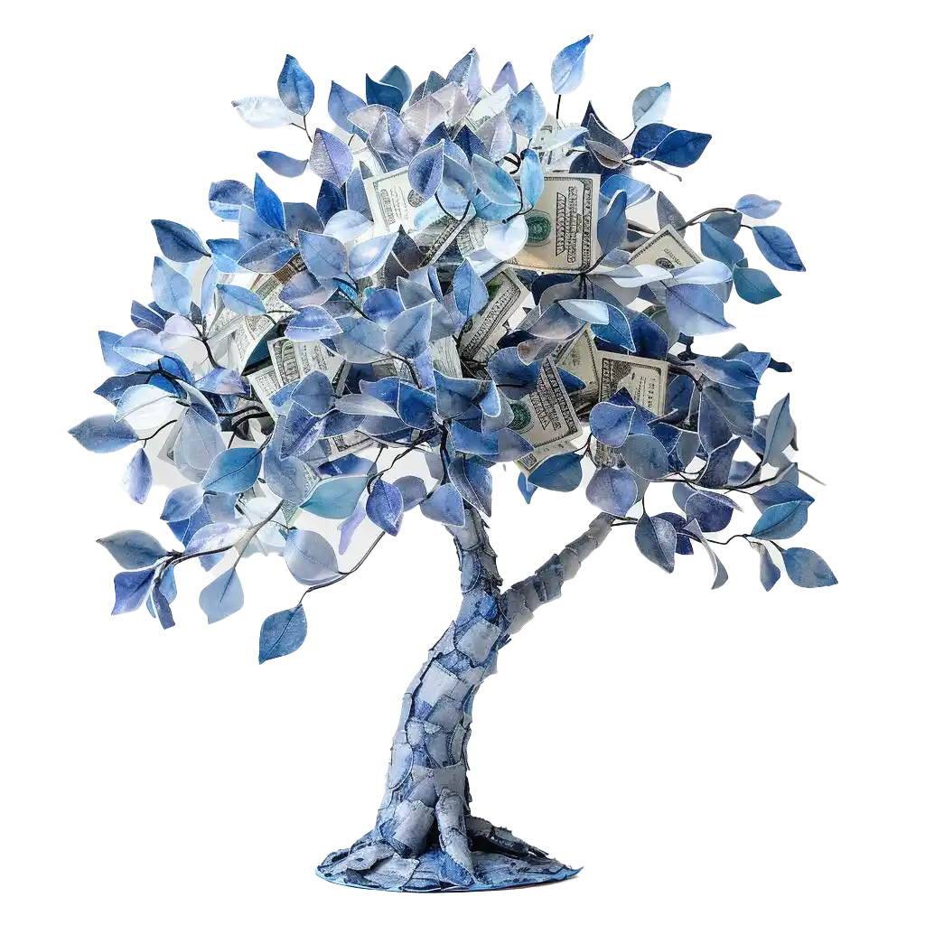 A blue money tree with USD as leaves