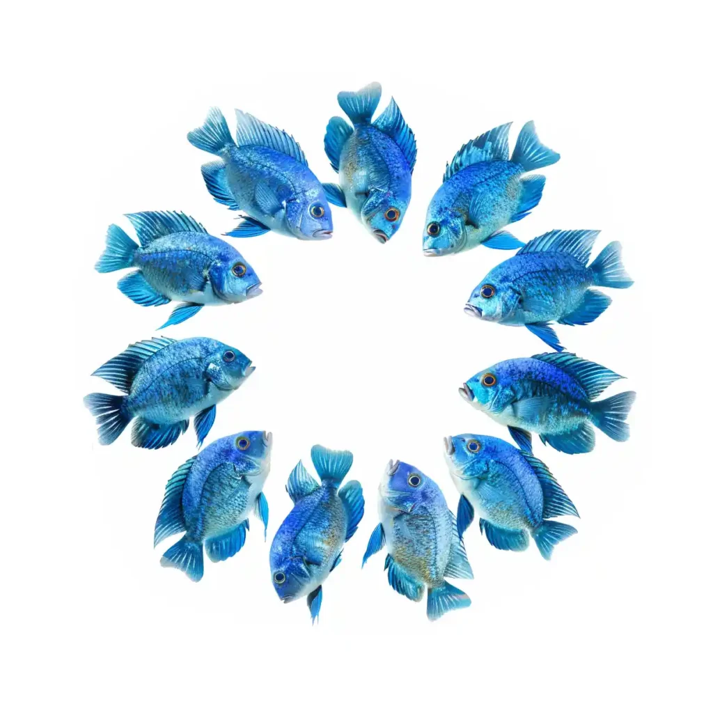 A school of blue fish in a circle