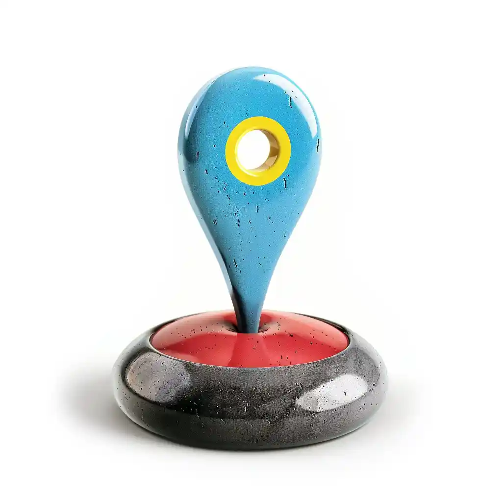 A blue geolocation pin made of stone