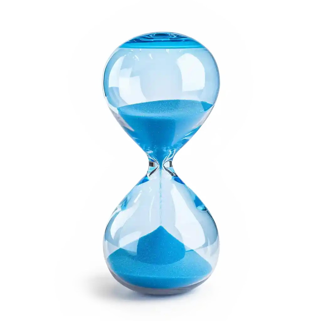 A blue hourglass with blue sand half full