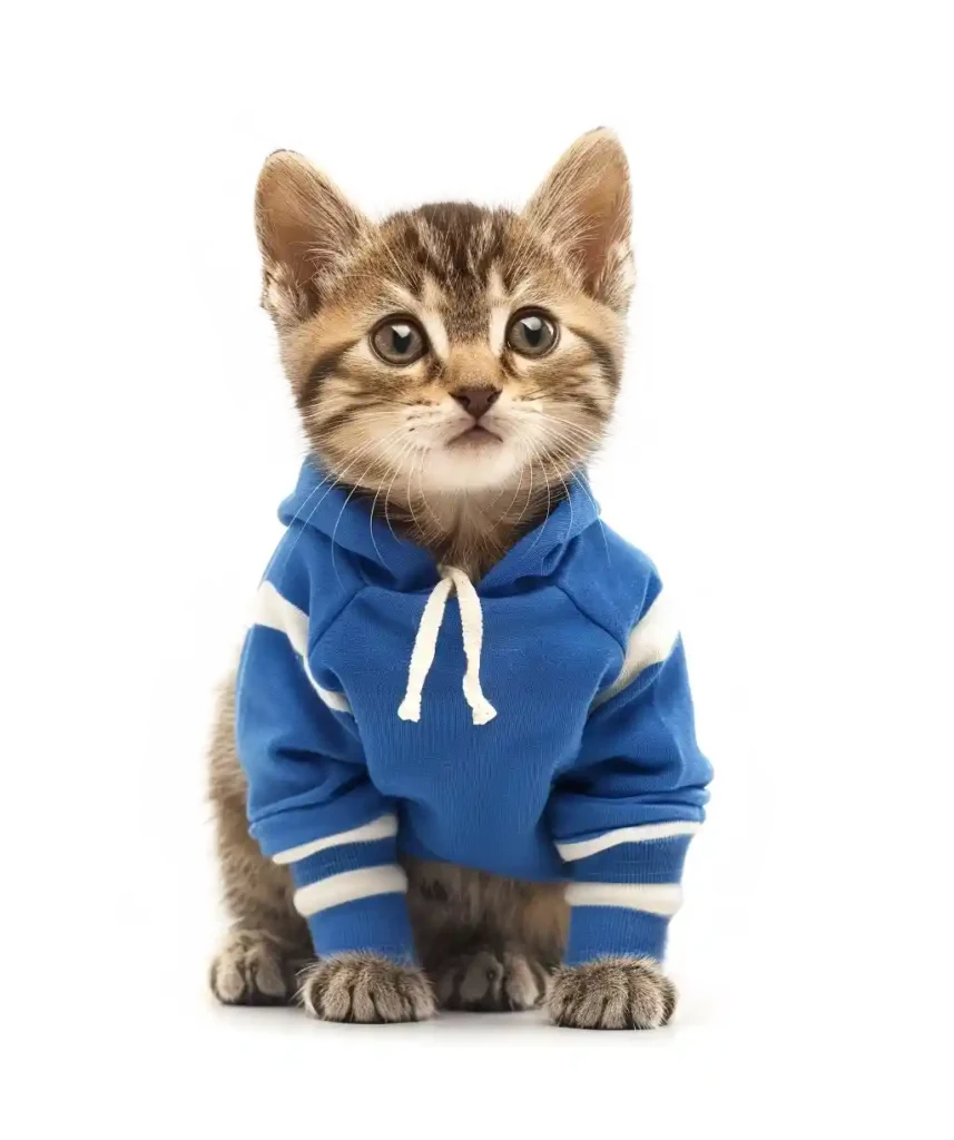 A kitten in a blue rugby jersey