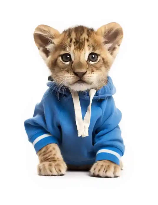 A lion cub wearing a blue rugby jersey.