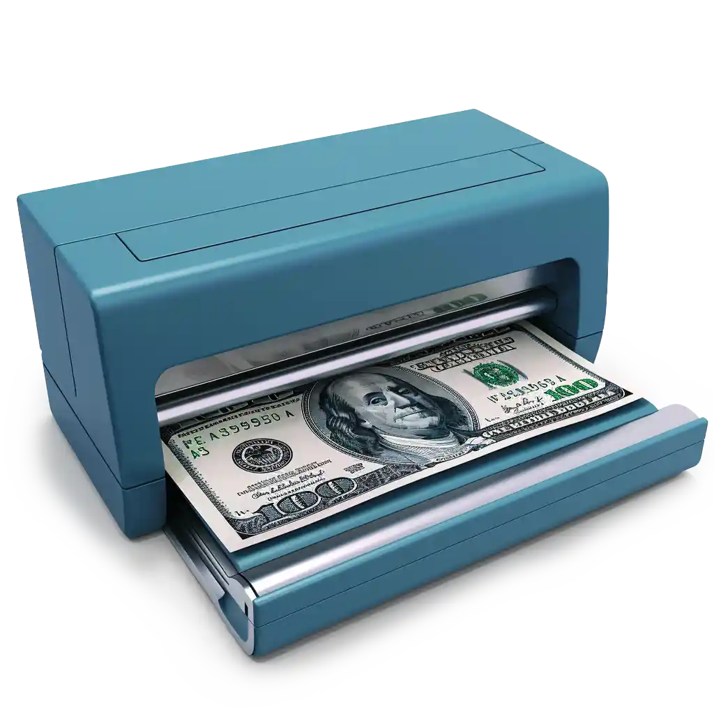 A blue printer, printing money