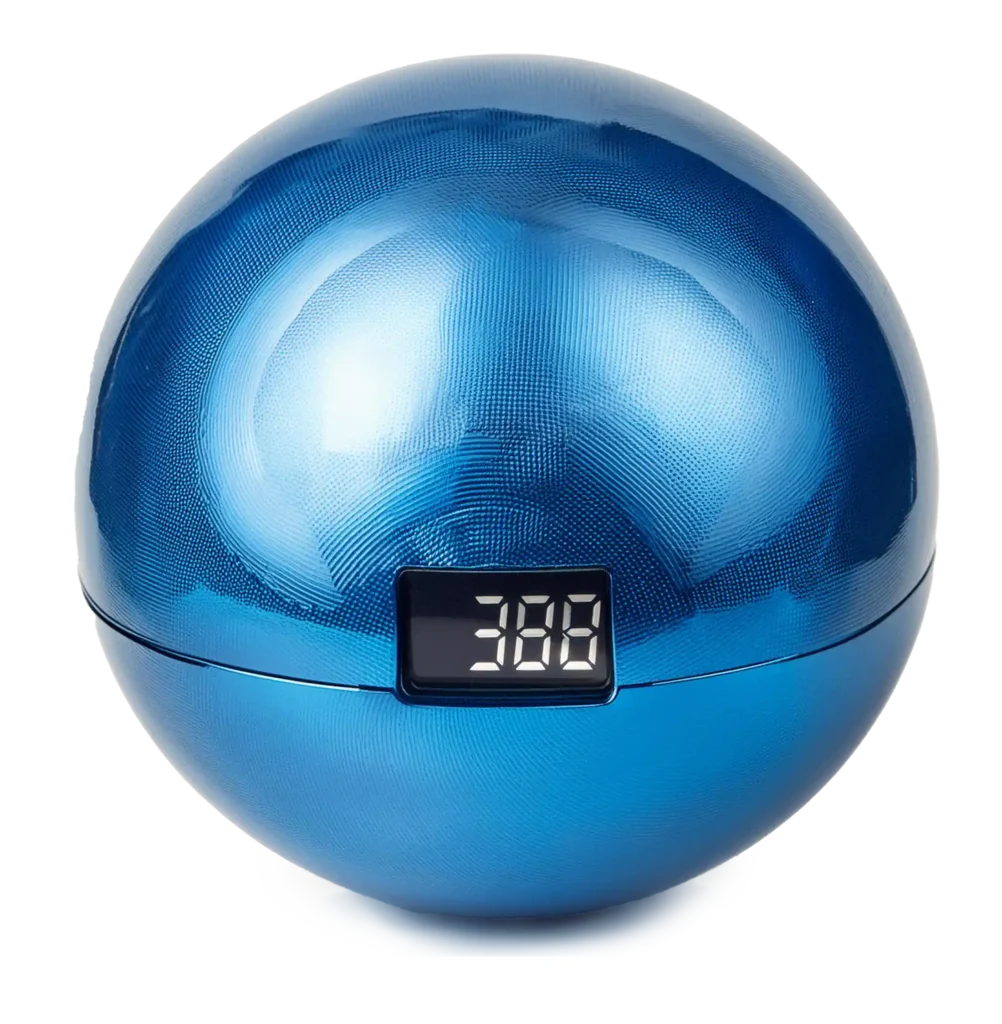 A blue digital clock in the shape of a sphere