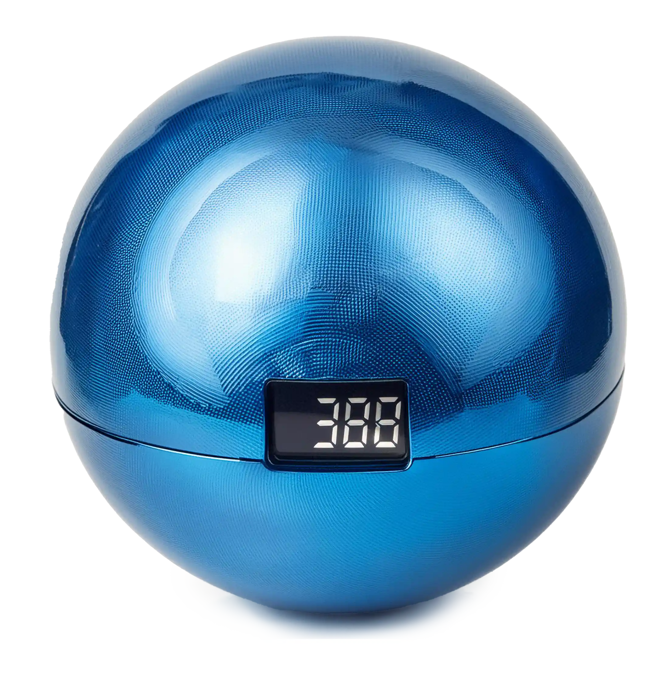 A blue digital clock in the shape of a sphere