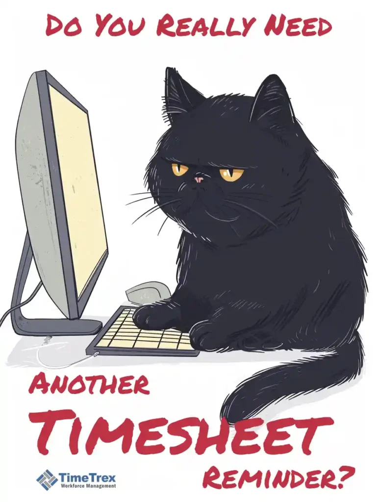 A graphic image of a cat working at a desk with the text: Do you really need another timesheet reminder?