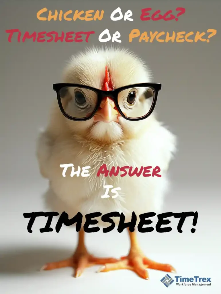 A baby chicken wearing glasses with the text: Chicken or Egg? Timesheet or Paycheck? The answer is Timesheet!