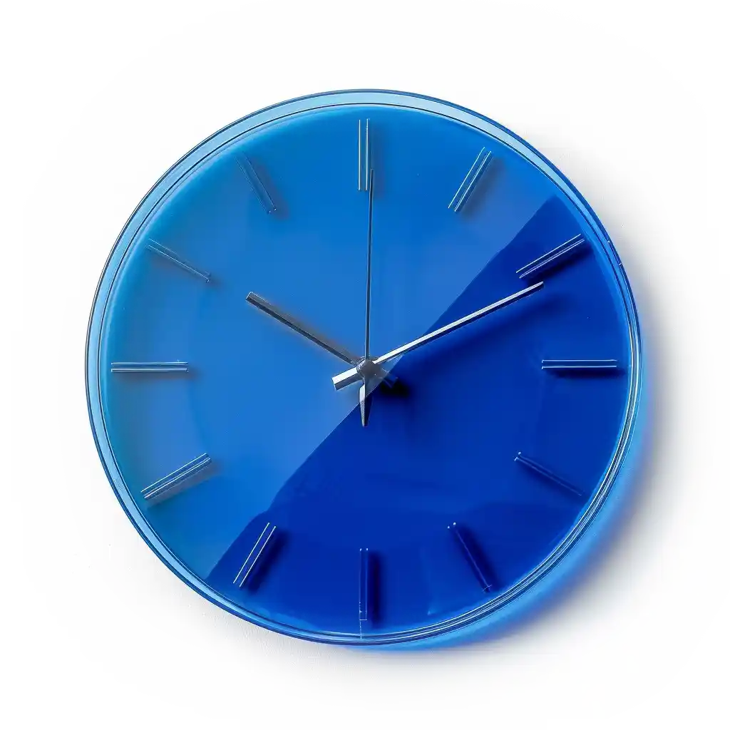 A blue clock made of glass