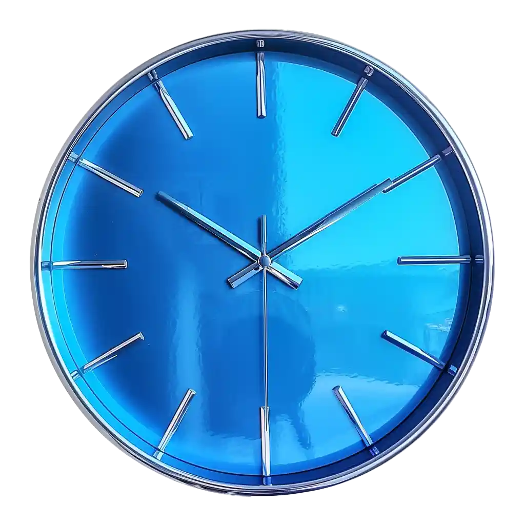 A high gloss blue metallic wall clock.