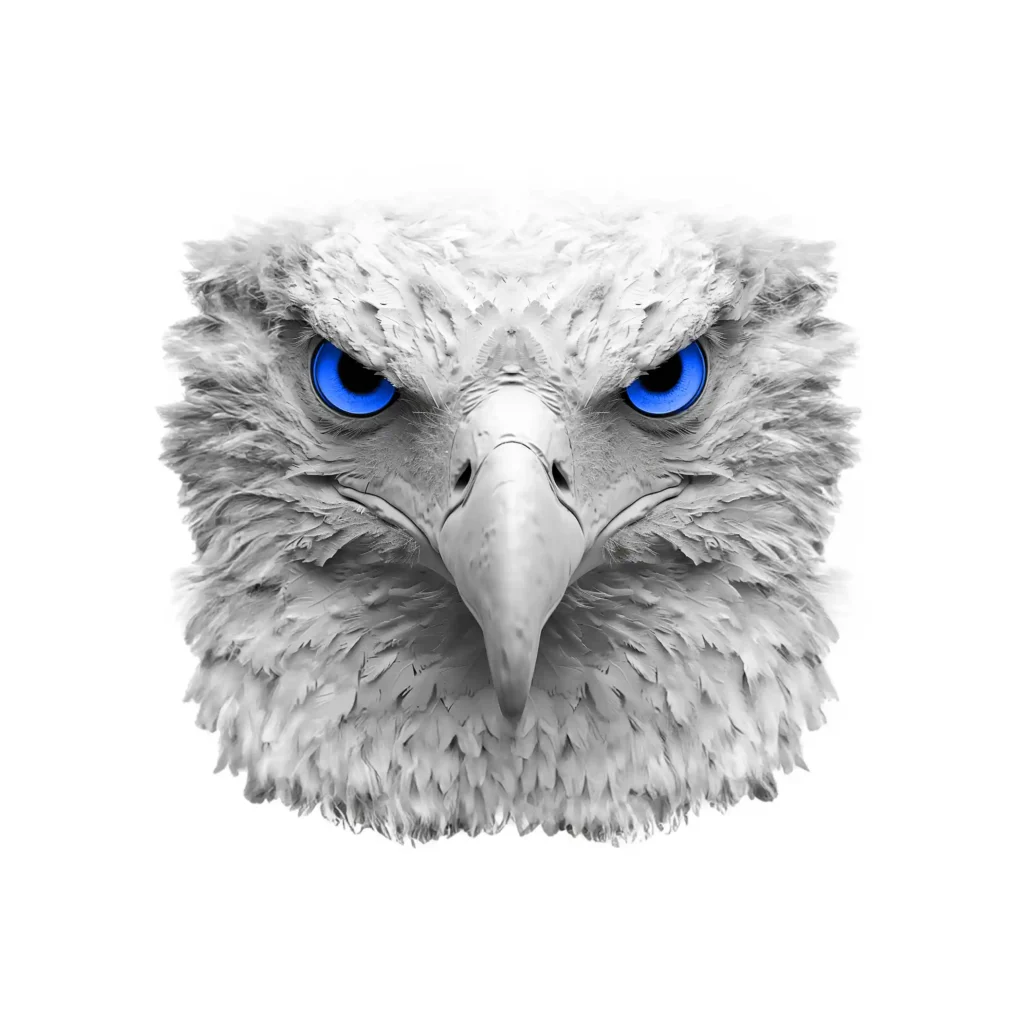 A white eagle face with blue eyes.