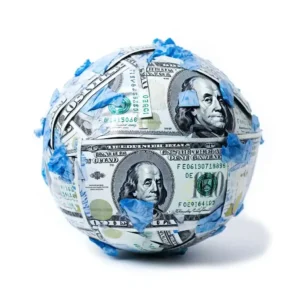 A ball of 100 USD bills rolled up tightly with blue paper sticking out.