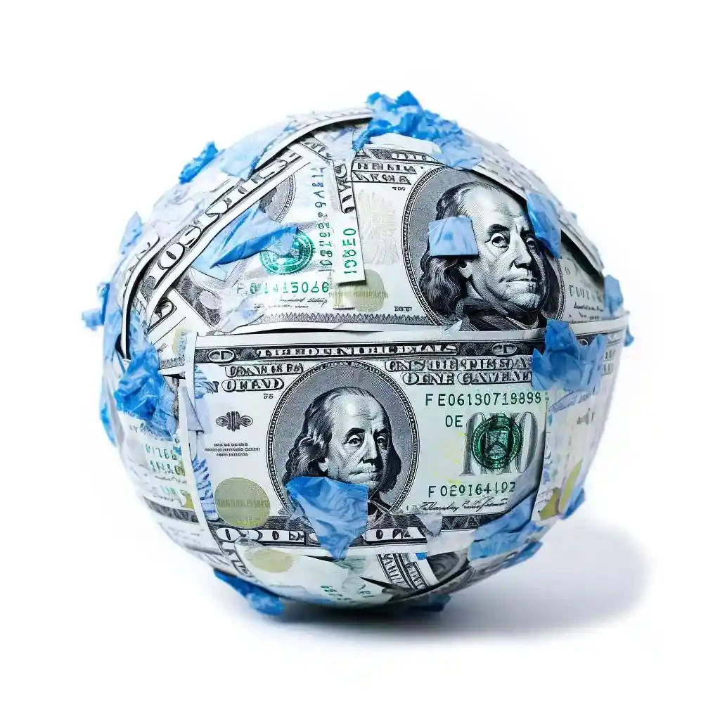 A ball of 100 USD bills rolled up tightly with blue paper sticking out.