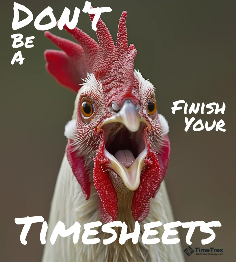 A rooster with the text: Don't be a rooster, finish your Timesheets