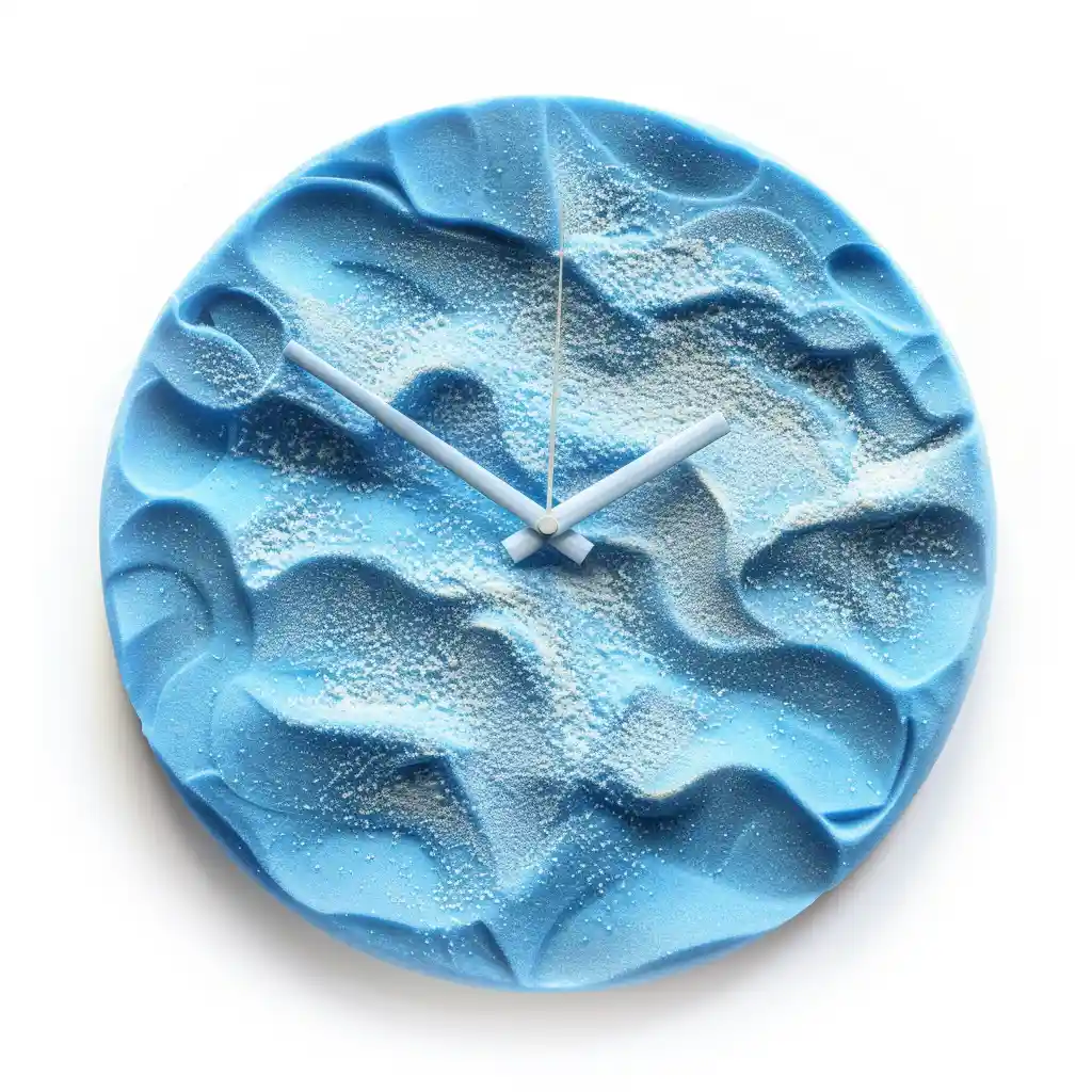 A blue wall clock made of sand