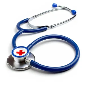 A blue stethoscope with a red cross.