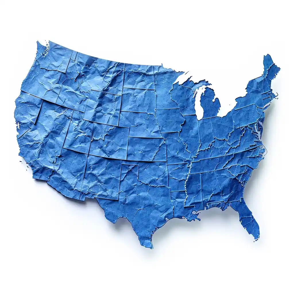 A blue US topographical map made of paper.