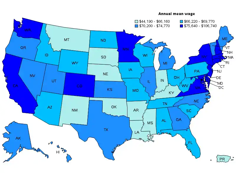 US HR Specialists annual mean wage by state.