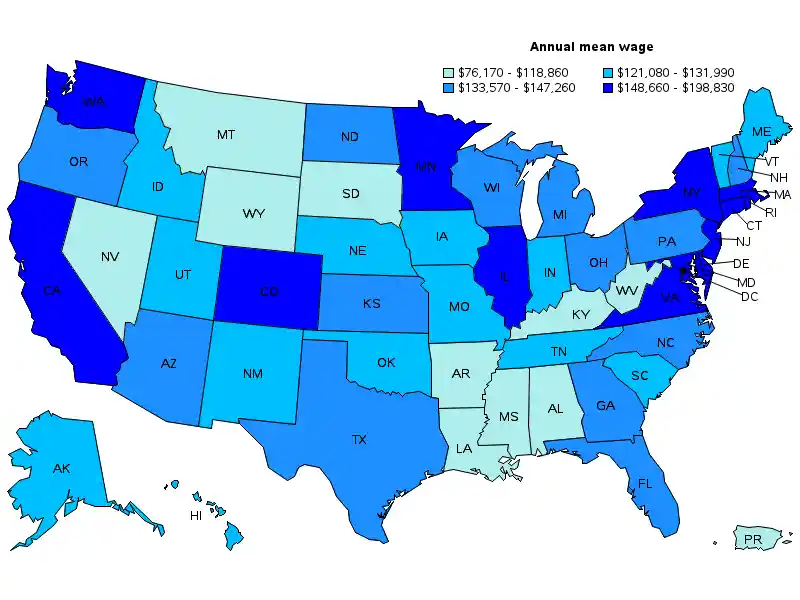 US HR Managers mean annual wage map