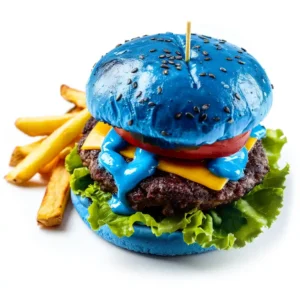 A blue burger and fries