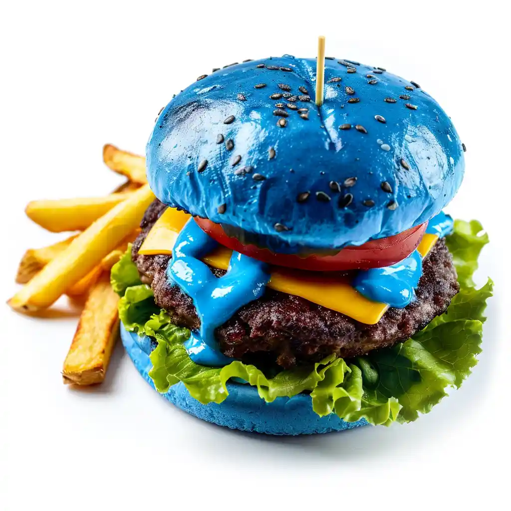A blue burger and fries