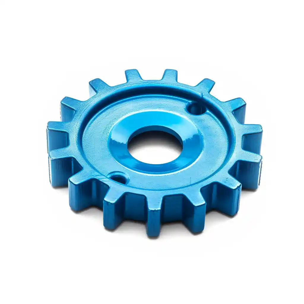 A blue metal cog gear.