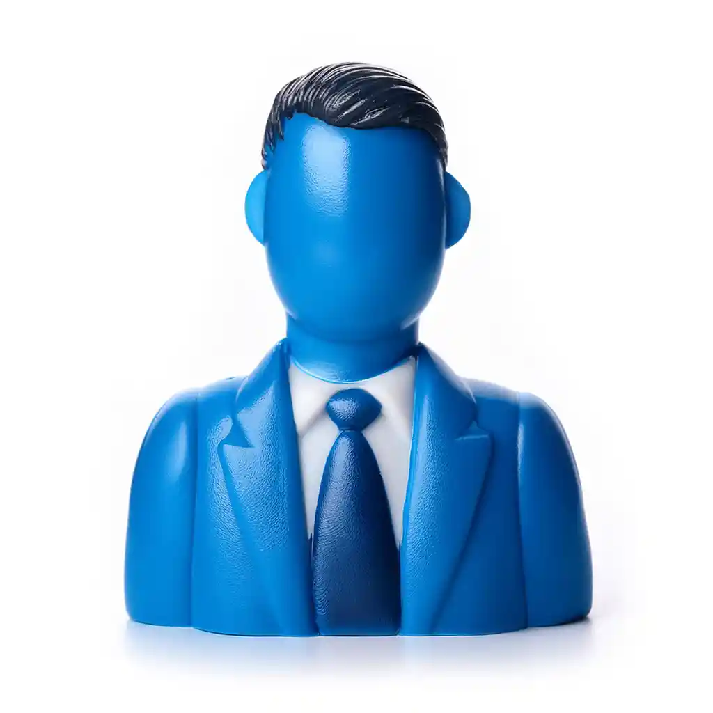 A blue plastic person with blank face.