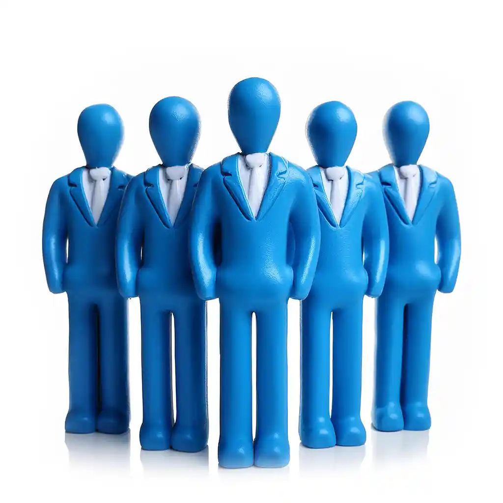 A group of blue plastic businessmen standing together