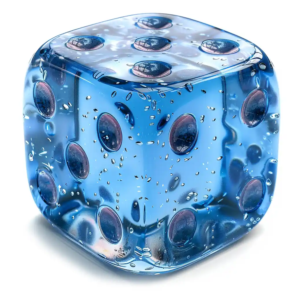 A clear blue dice.