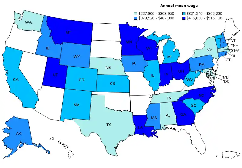 US Surgeon mean annual wage map