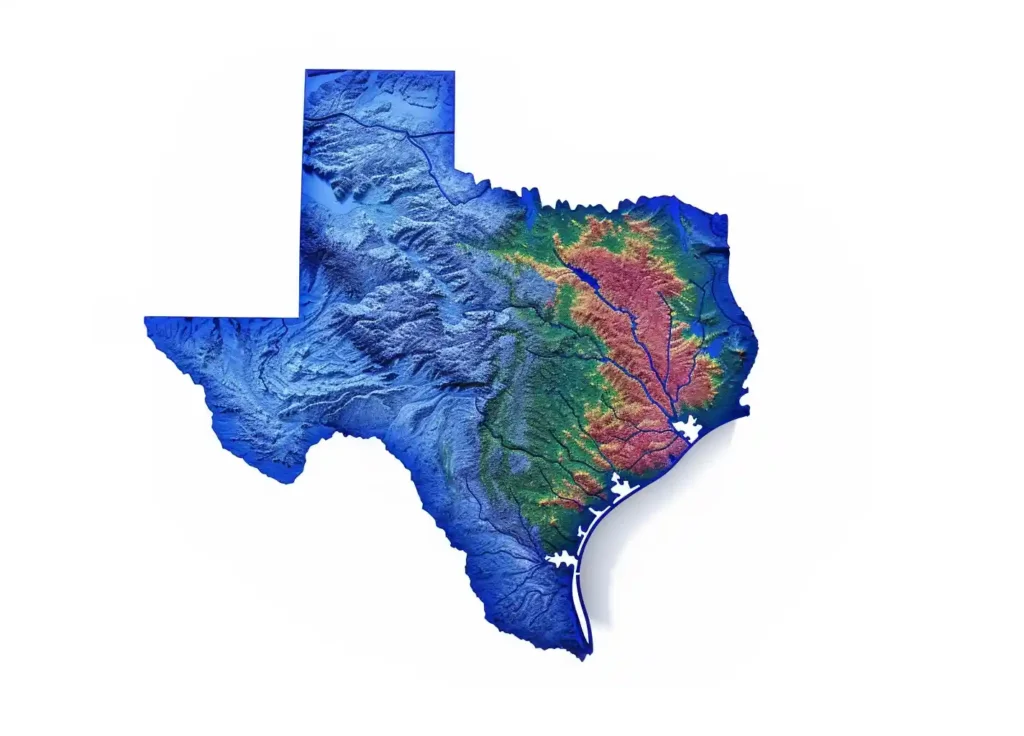 A artistic topographical map of Texas.