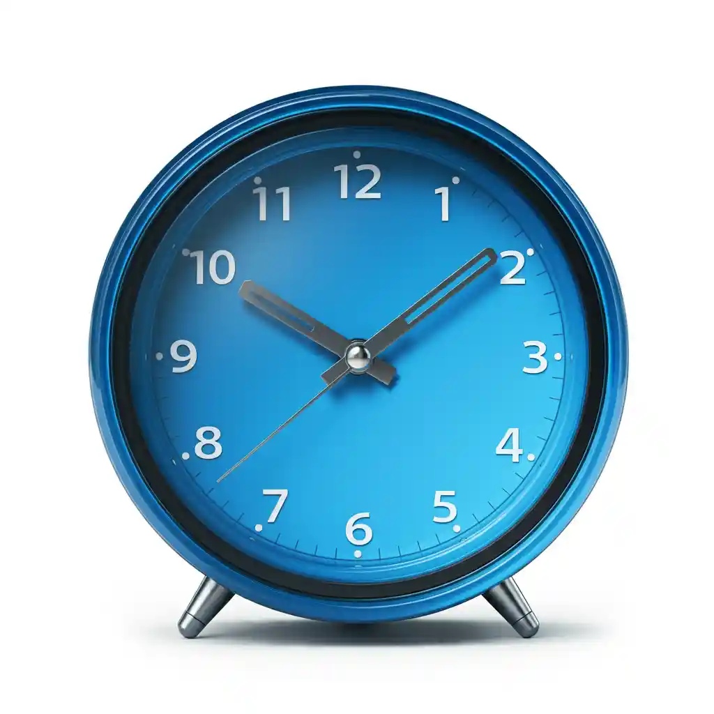 A blue desk clock showing 10:10