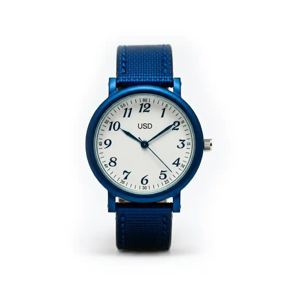 A blue classic wrist watch with usd written on it