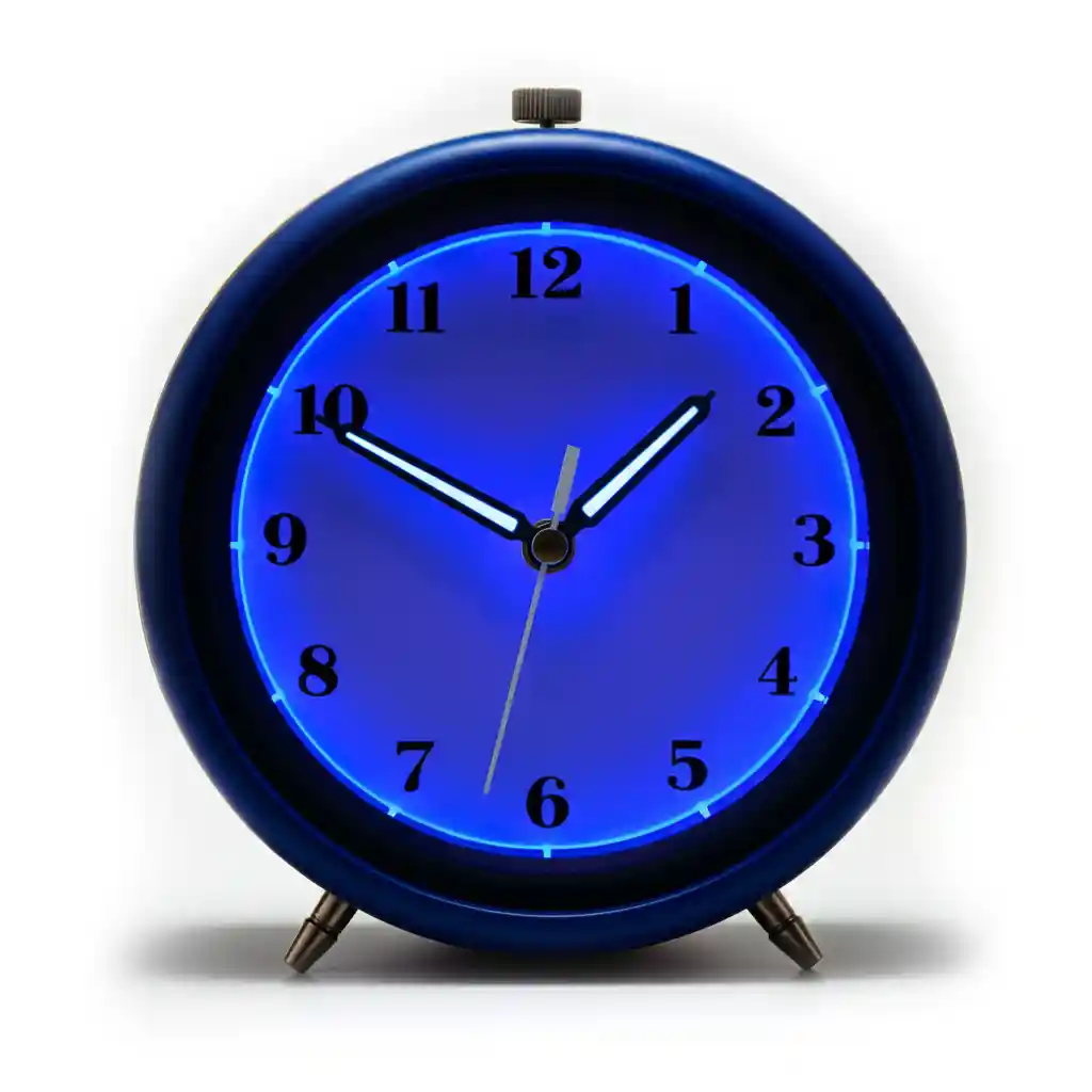 A glowing blue desk clock