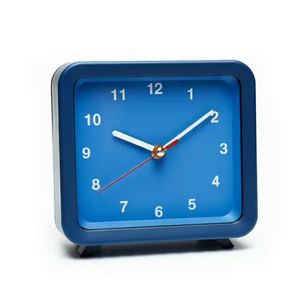 A blue desk clock showing 10:09