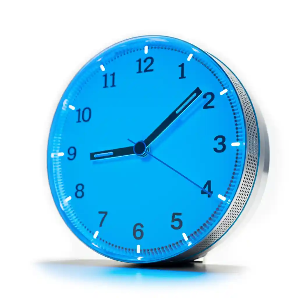 A blue clock with a soft glow