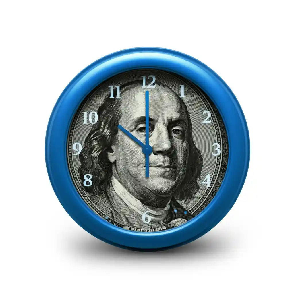 A blue clock with Ben Franklin in the middle