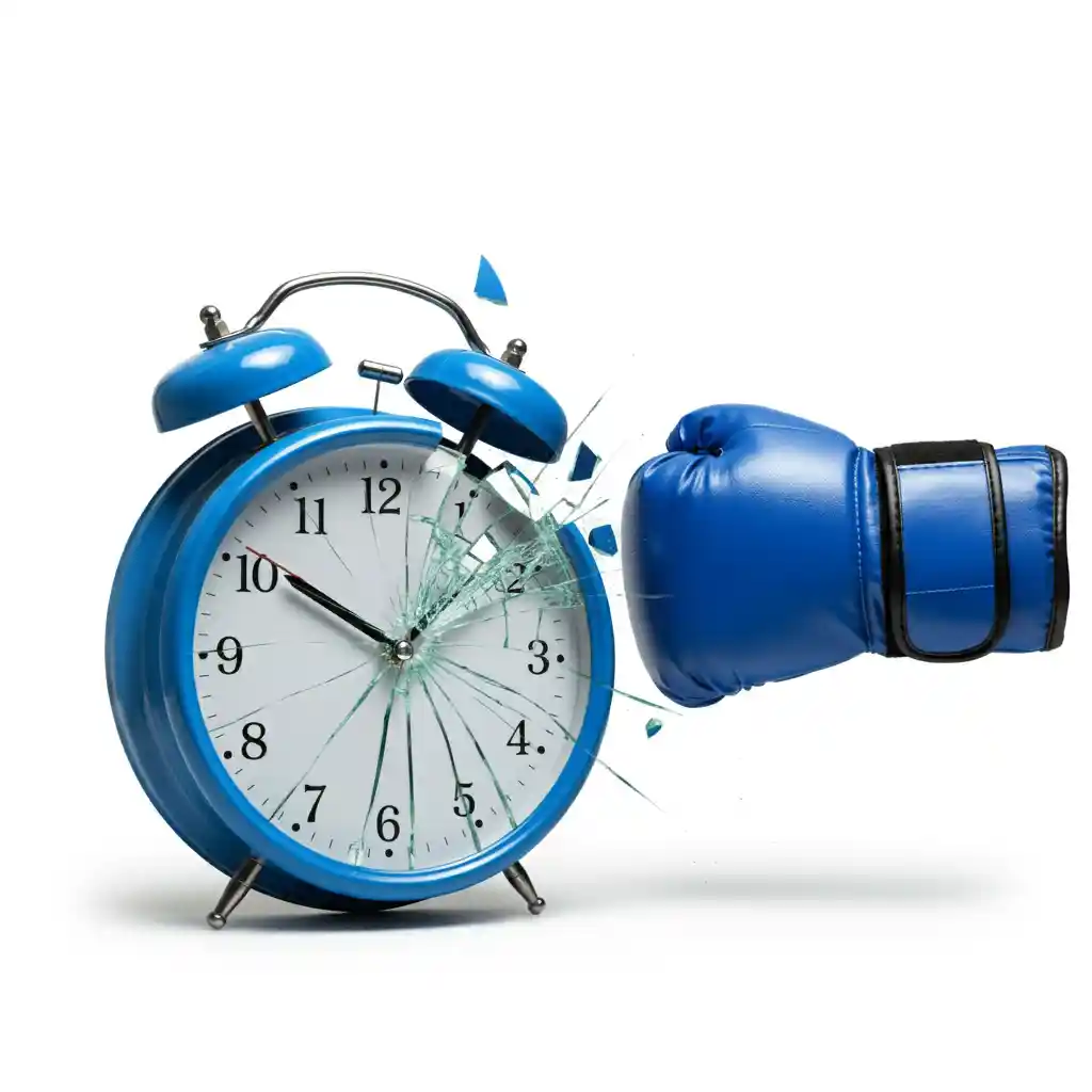 A blue boxing glove punching and breaking a classic desk clock.