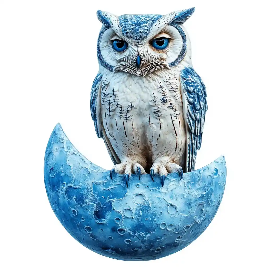 A blue owl perched on a blue moon.