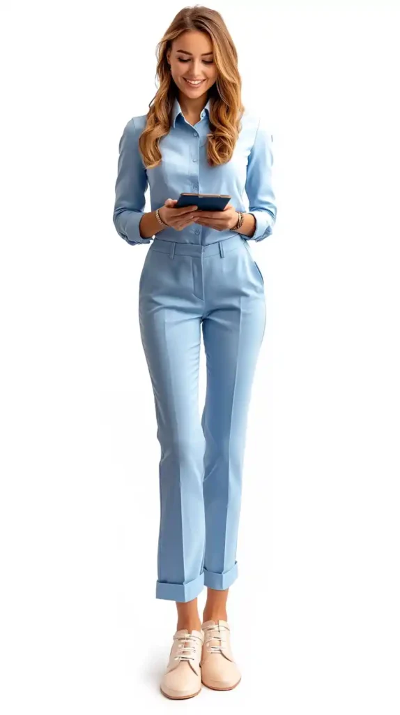 A woman wearing a blue business suit, casual business dress code