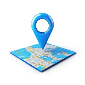 A blue GPS pin over a 3d map