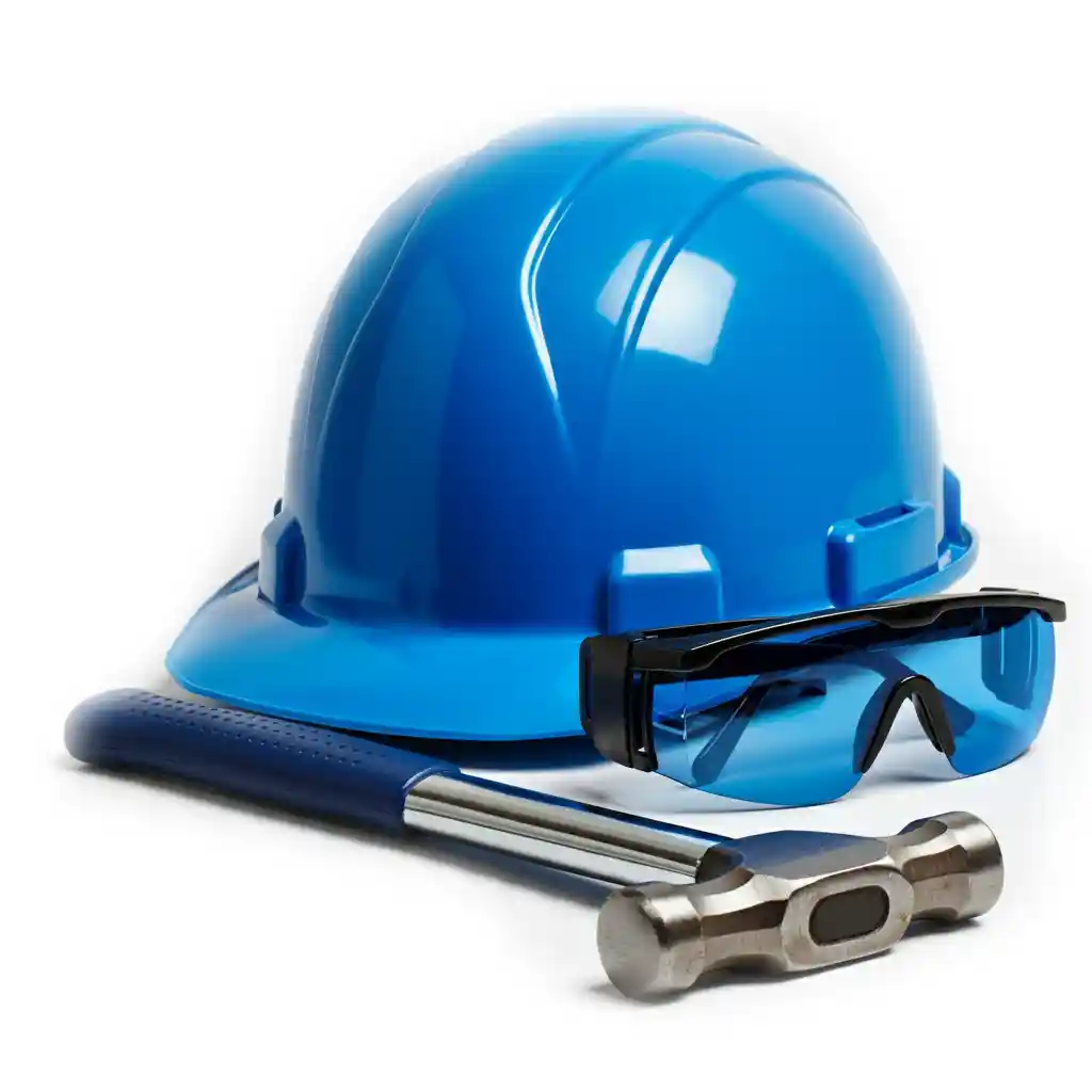 Construction hardhat, blue safety glasses and a hammer.