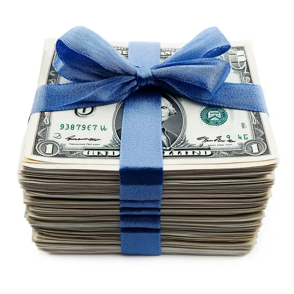 Square money wrapped in a blue bow.