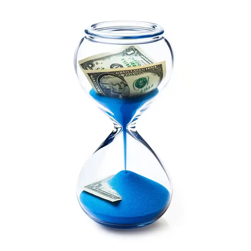 An hourglass filled with blue sand and money