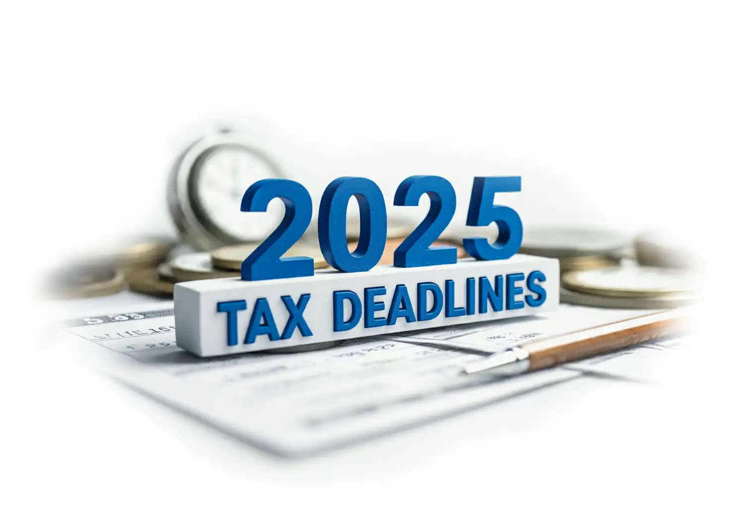 Blue text on top of a desk with office stationary on it. The blue text reads: "2025 Tax Deadlines."