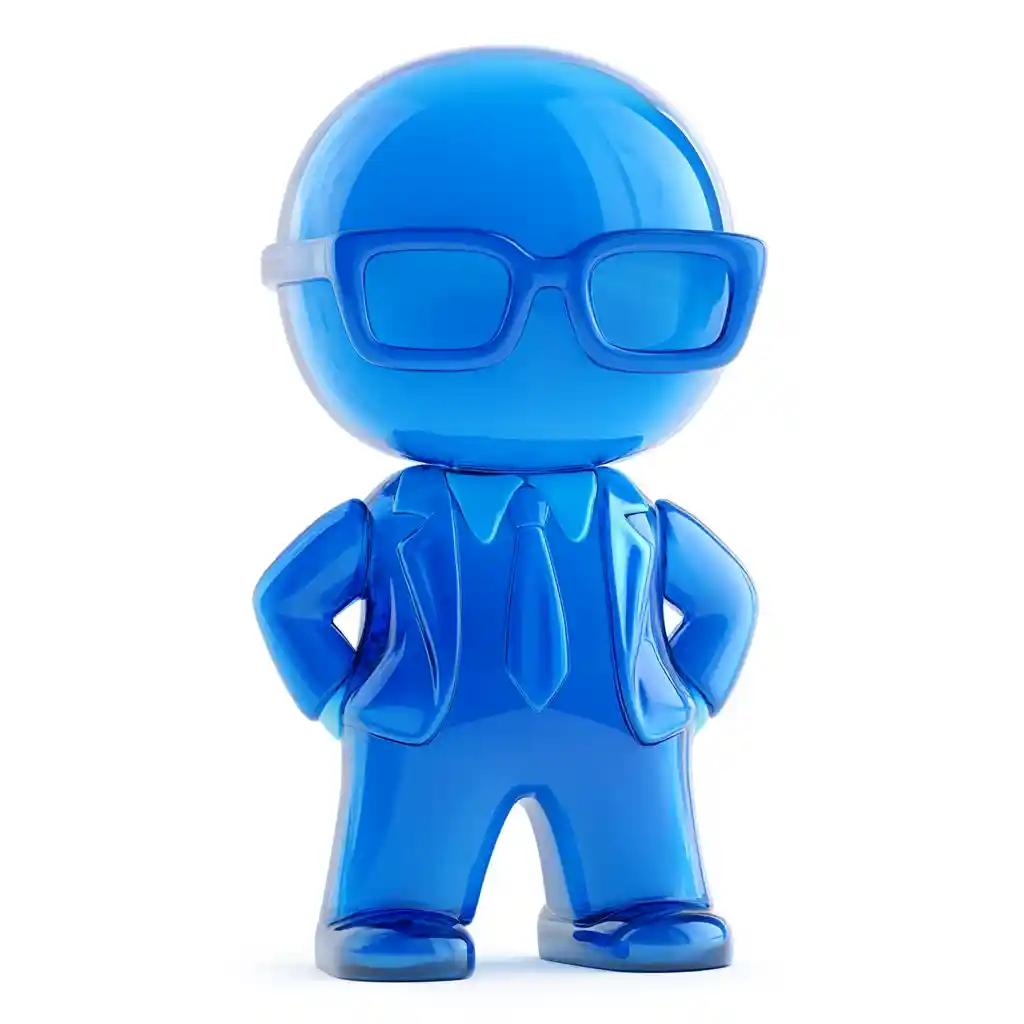 A blue glass figurine of a business man wearing glasses