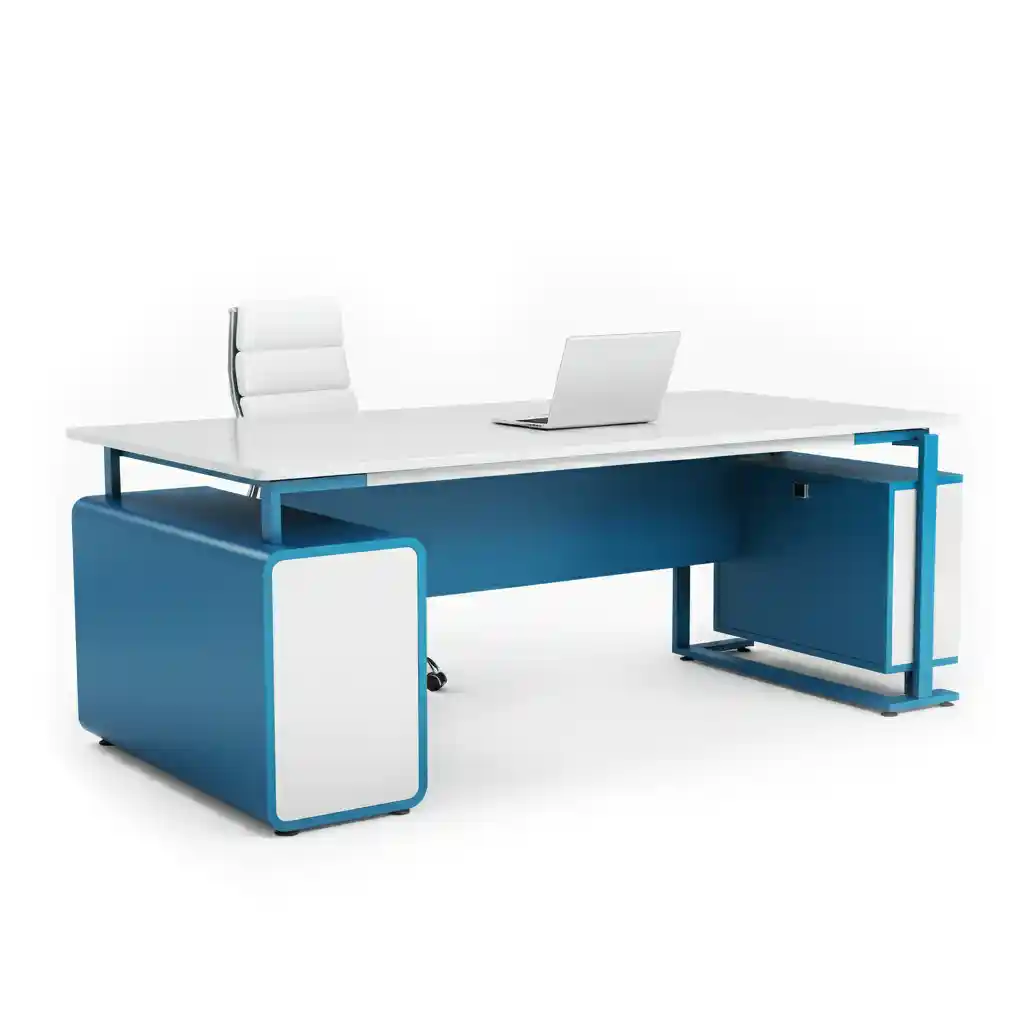 An empty blue desk