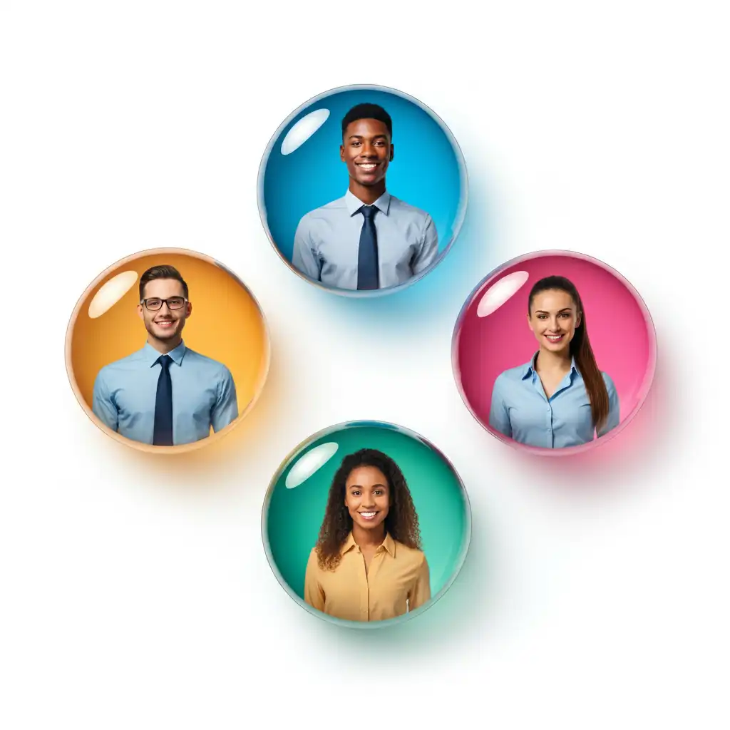 Four employees in different colored bubbles.