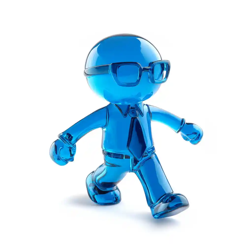 A walking office worker figurine made of blue glass